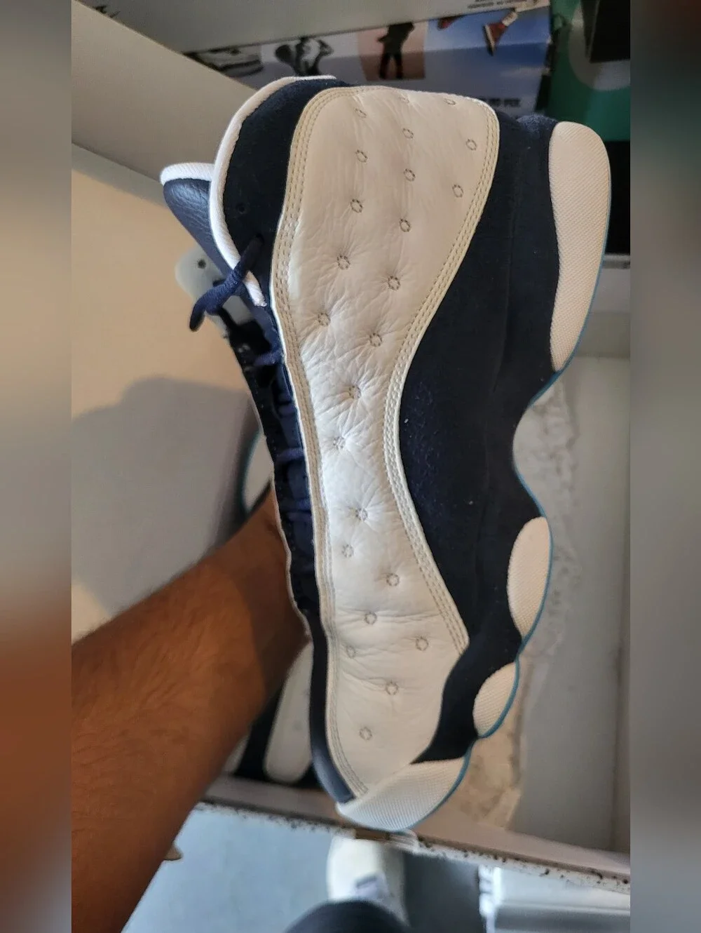 White and Navy Retro Basketball Sneakers with Teal Accents